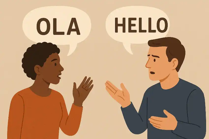 Dibujo de dos personas hablando portugués e inglés.