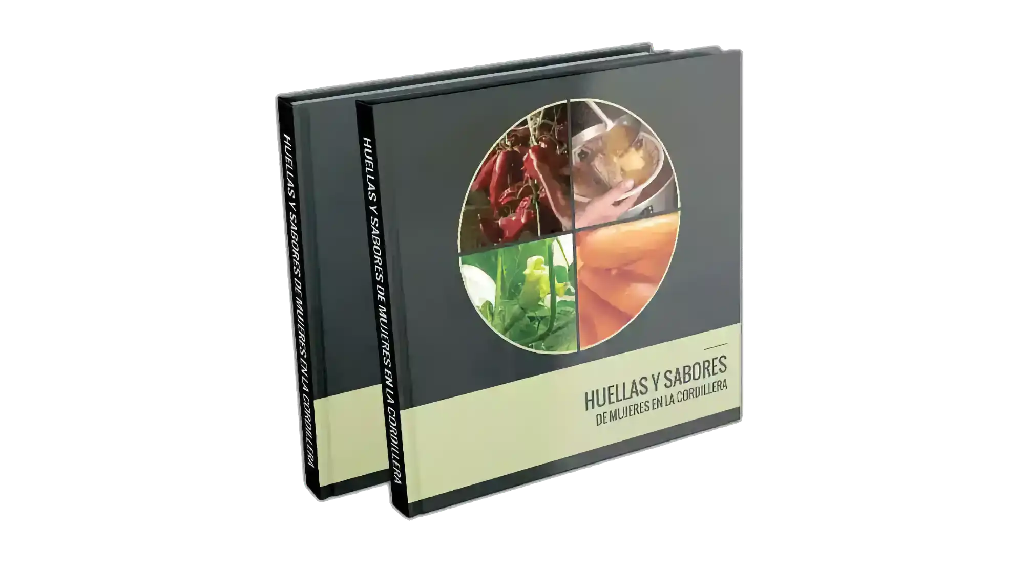 The cover of a cookbook titled "Huellas y Sabores de Mujeres en la Cordillera," designed by Michael Walsh, highlighting digital publishing projects in Villarrica, Chile.