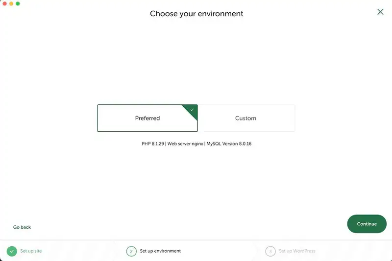 LocalWP screen asking to choose server environment